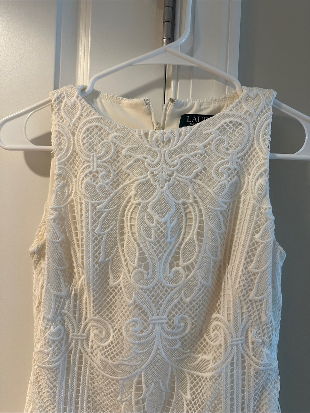 Ralph Lauren Ivory Lace-Overlay Mini Scalloped Dress